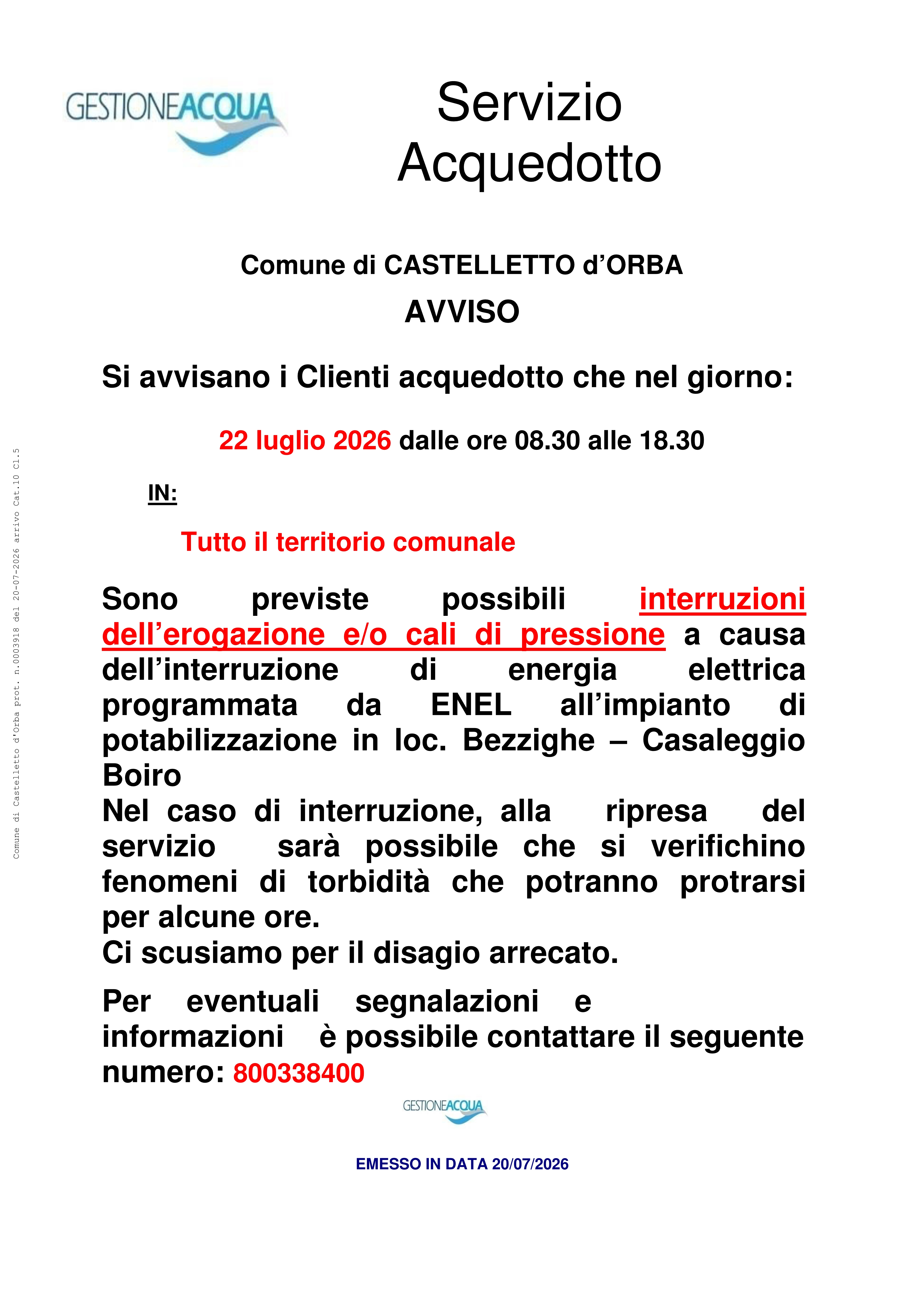 comunicazione possibile interruzione di acqua ad uso potabile